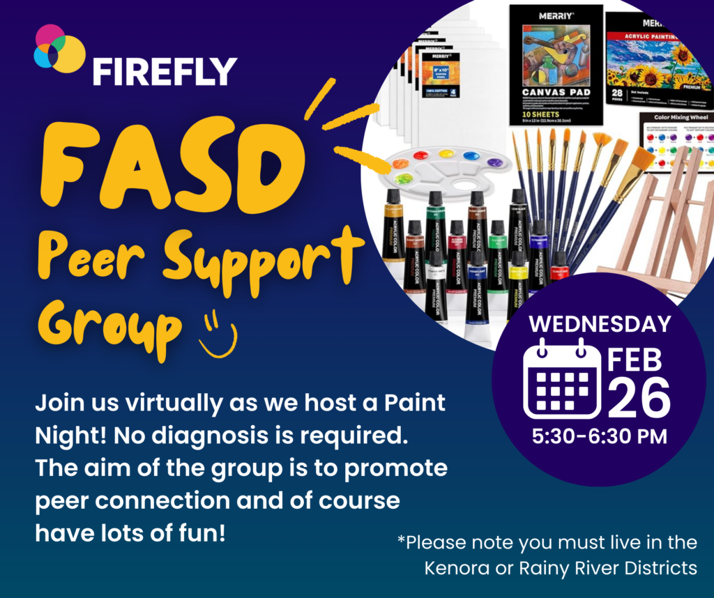 The FASD poster has information about the event including time and date with a photo of a paint kit that includes paint, brushes, paper and an easel.